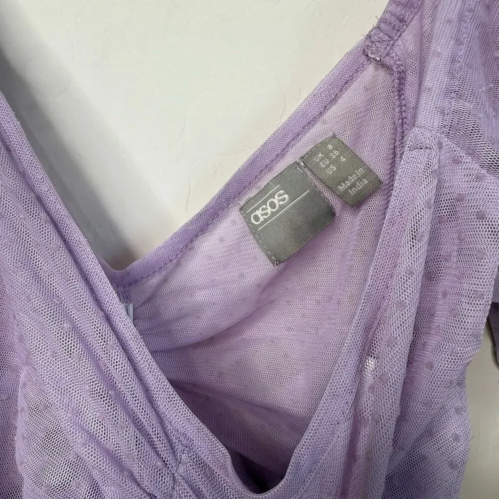 ASOS Size 4 Purple Ruched Sheer Swiss Dot Long Sleeve Crop Top